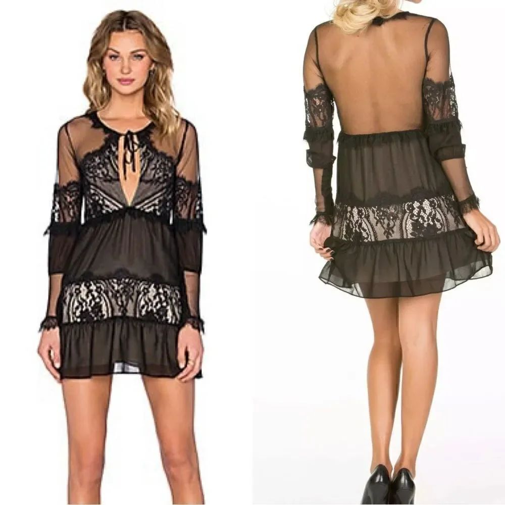 For Love and Lemons Alexa Mini Black Dress Sheer Lace Size XS